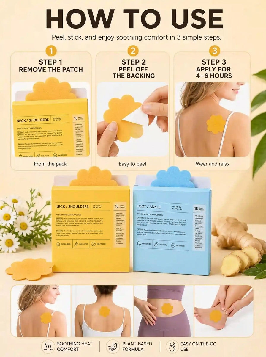 Three step guide to applying a warming relief patch